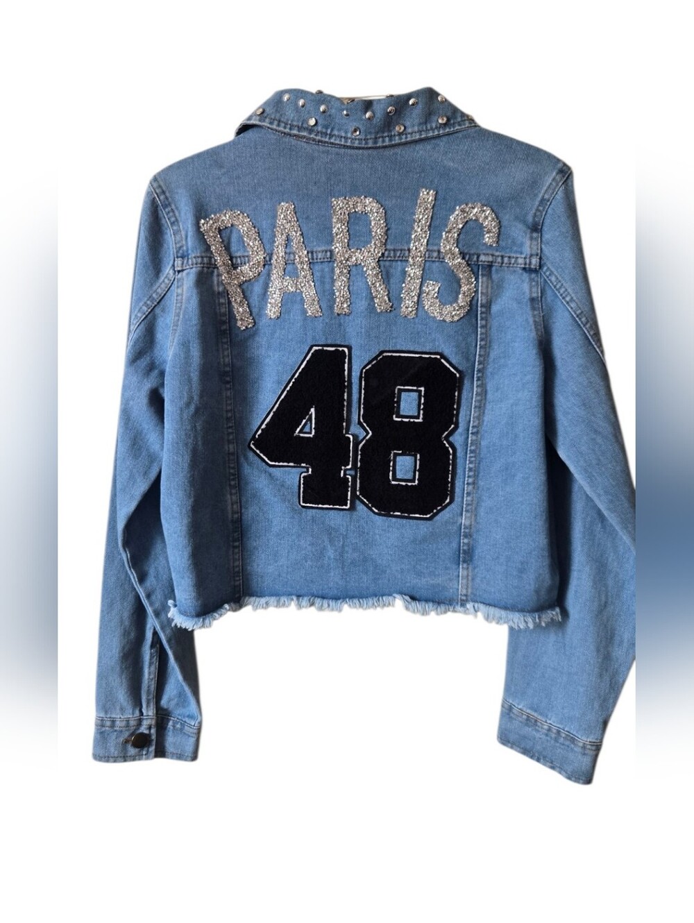 Eighty Eight Premium Cropped Denim Jacket Studded Paris 48 Varsity Patch S L #66